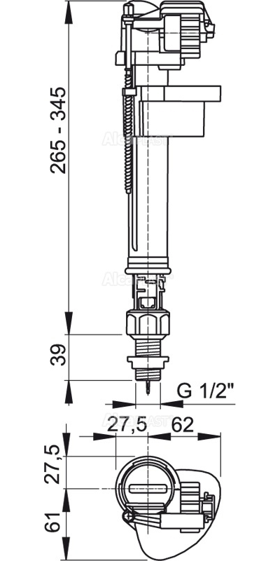 Впускной механизм AlcaPlast с нижней подводкой и металлической резьбой. (Арт. A18 1/2″)