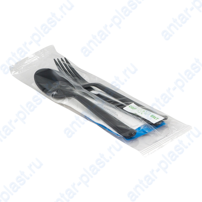 Комплект №8 (вилка черная, нож черный, ложка черная, соль, перец, зубочистка, влажная салфетка, салфетка белая)