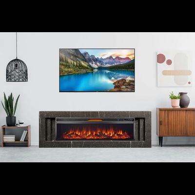 Линейный электрокамин Line SFT серый мрамор с очагом Vision 60 LOG LED