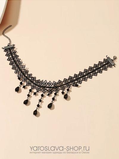 Женский чокер кристалл с бусинами и кружевом