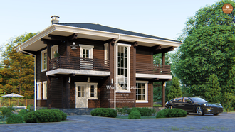Каркасный двухэтажный дом с тремя балконами, террасой и сауной. Проект №130.