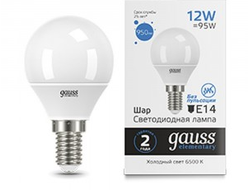 Gauss Elementary Шар G45 E14 12W(950lm) 6500K 6K матов., пластик 53132