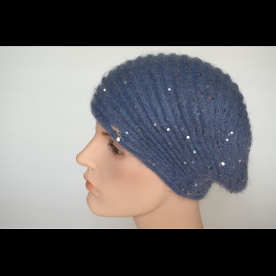 Голубой берет вязаный полосами с пайетками Vizio Италия 6942