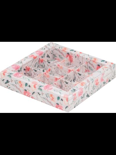 Коробка на 9 конфет с прозр. кр. (розы), 155*155*30мм