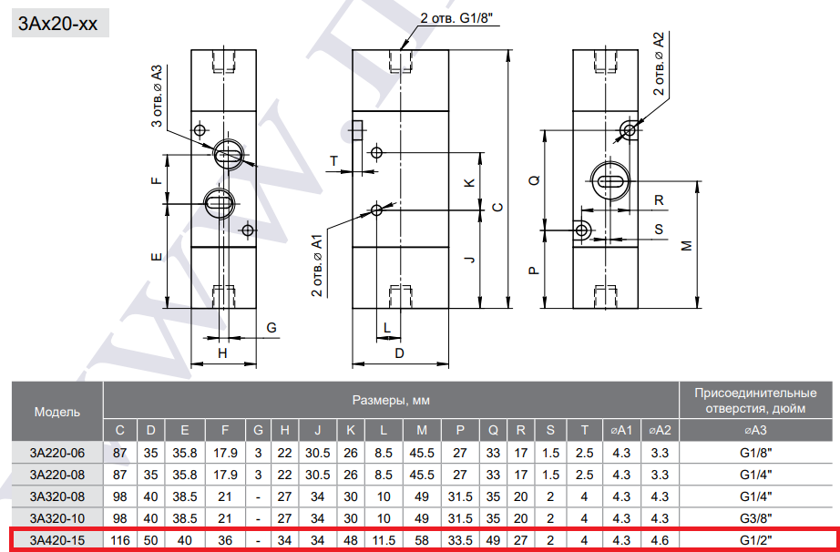 Габаритные и присоединительные размеры 3/2 пневмораспределителя 3A420-15