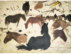 Туржанский Леонард (Леонид) Викторович (1875-1945) Лошади. Картон, масло.25,5Х35  Двусторонняя (1277)