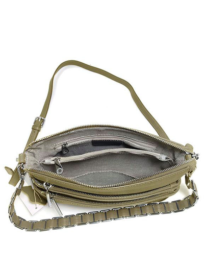(АРТИКУЛ: 9106/1/22) СУМКА ЖЕНСКАЯ МАЛЕНЬКАЯ, КОЖАНАЯ, С ТРЕМЯ НАРУЖНЫМИ КАРМАНАМИ, ОЛИВКОВАЯ, ДВА РЕМНЯ ЧЕРЕЗ ПЛЕЧО