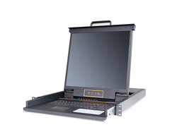 Выдвижная Консоль Kinan LCD KVM over IP высокой плотности по кабелю Cat 5 19", Клавиатура, Тачпад, TFT-дисплей, 8 портов с поддержкой DVI/HDMI/VGA+USB+PS/2, разрешение 1280x1024 75Hz, удаленно 1440x1050 60Hz, OSD, Internet, замена Kinan LC2908i (HT1908)