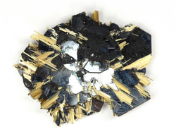 Редкость! Рутил свободного роста, сростки "звезды" золотистых игольчатых кристаллов на кристаллах гематита, Бразилия (25*20*4 мм, 3,3 г) №37916