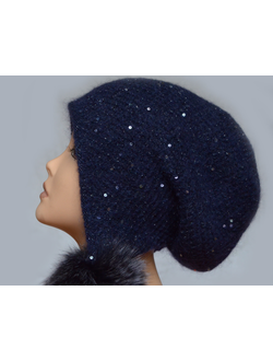 Шапка ушанка женская вязаная с помпонами и пайетками Италия Vizio 6463 синяя фото
