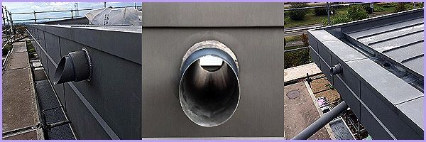 Металлические парапетные воронки в системе встроенных желобов водоотвода