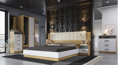 Композиция спальни АДЕЛЬ Дуб Вотан/Белый гладкий/Цемент темный