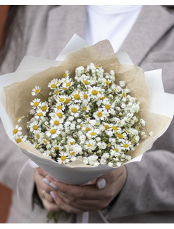 Букет из гипсофилы и ромашек