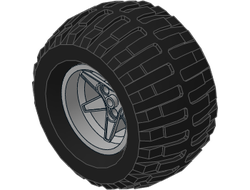 ! Б/У - Wheel 62mm D. x 46mm Technic Racing Large, with Black Tire Technic Power Puller 22969 / 32298, Metallic Silver (22969c01) - Б/У