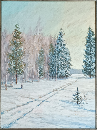 "Зимний пейзаж" бумага гуашь Новиков К. 1982 год