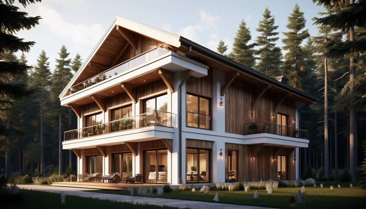 Современный дизайн фасада в стиле шале: деревянный планкен и светлые полиуретановые наличники.