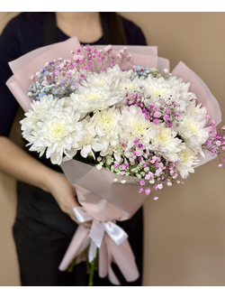 Доставка цветов город Иркутск, букет из белой хризантемы и гипсофилы, магазин цветов Иркутск