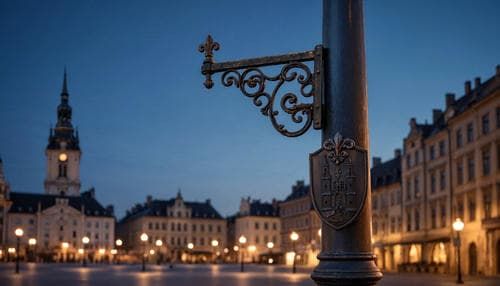 Стальная опора освещения с кованым кронштейном и литым гербом города
