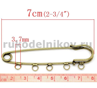 основа для броши "Булавка" 70x20 мм, 5 петель, цвет-античная бронза
