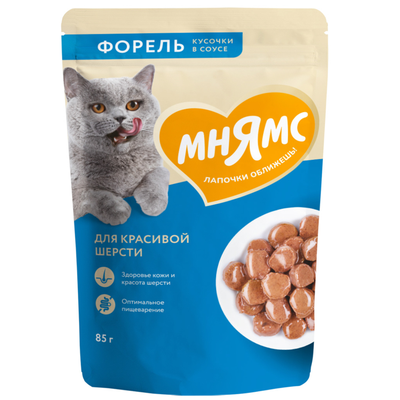 Мнямс влажный корм (пауч) для красивой шерсти у кошек, кусочки в соусе с форелью 85 г