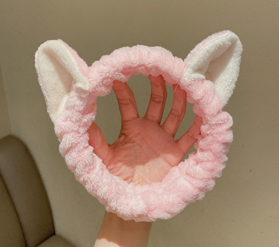 Повязка женская для волос флисовая с кошачьими ушками, Цвет: Розовый, Голубой, Сиреневый, Черный, Малиновый, Бежевый, Коричневый