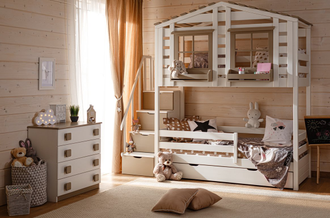 Кровать чердак-домик из массива сосны Двухярусная КИДС 21 с бельевыми ящиками и лесенкой