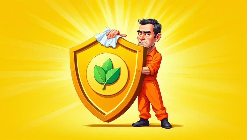 персонаж чистит цифровой щит безопасности, символизируя обновление данных.