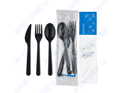 Комплект №8 (вилка черная, нож черный, ложка черная, соль, перец, зубочистка, влажная салфетка, салфетка белая)