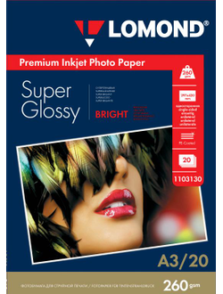 Суперглянцевая ярко-белая (Super Glossy Bright) микропористая фотобумага Lomond для струйной печати, A3, 260 г/м2, 20 листов.