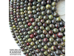 "Яшма "Кровь Дракона" эпидот с красной яшмой, шары 6,1-6,6/8,1-8,5/9,9-10,2/11,4-12,2 мм, цена за нить 19 см