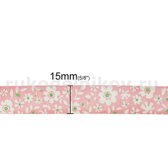 лента хлопчатобумажная "Цветы", ширина-15 мм, цвет-розовый, отрез-1 метр