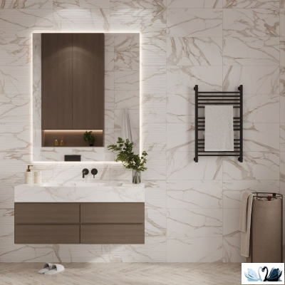 Плитка напольная Belani Torano бежевый 418х418 мм. Интерьер всей коллекции. Белый мрамор с золотом