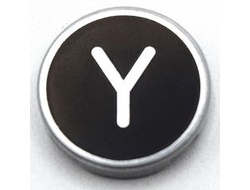 Tile, Round 2 x 2 with Bottom Stud Holder with Silver Capital Letter Y on Black Background Pattern, Light Bluish Gray (14769pb446 / 6352981)