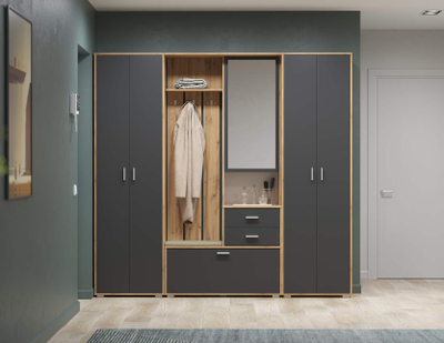 Антре 65.08 Шкаф для прихожей с зеркалом Дуб вотан/диамант серый/ДВПО белый/ткань велюр велутто кремовый 18