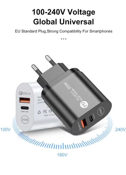 PD+QC3.0 Quick charger 20W Блок питания 2 порта USB-typoC и USB-A, 5V/2А (черный)