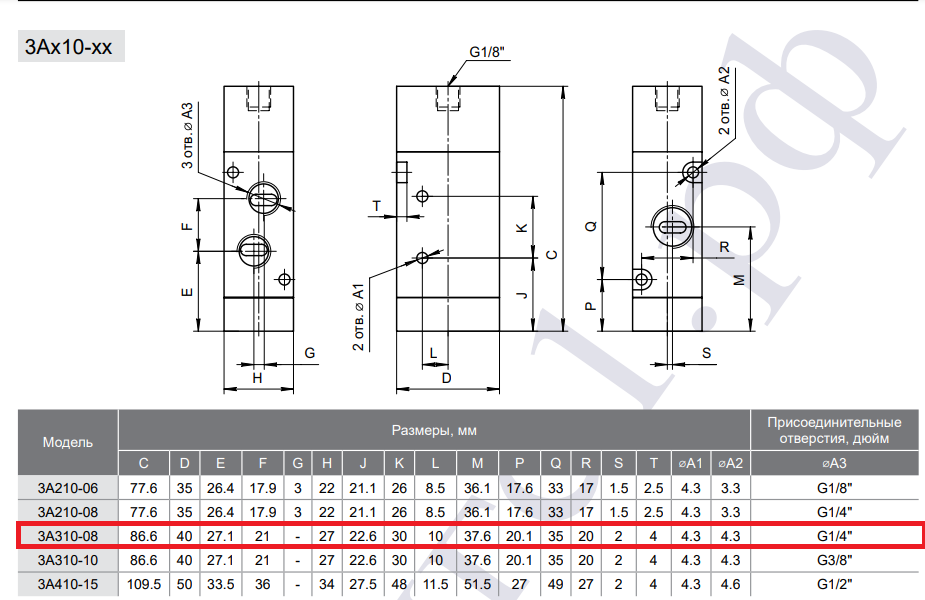 Габаритные и присоединительные размеры 3/2 пневмораспределителя 3A310-08