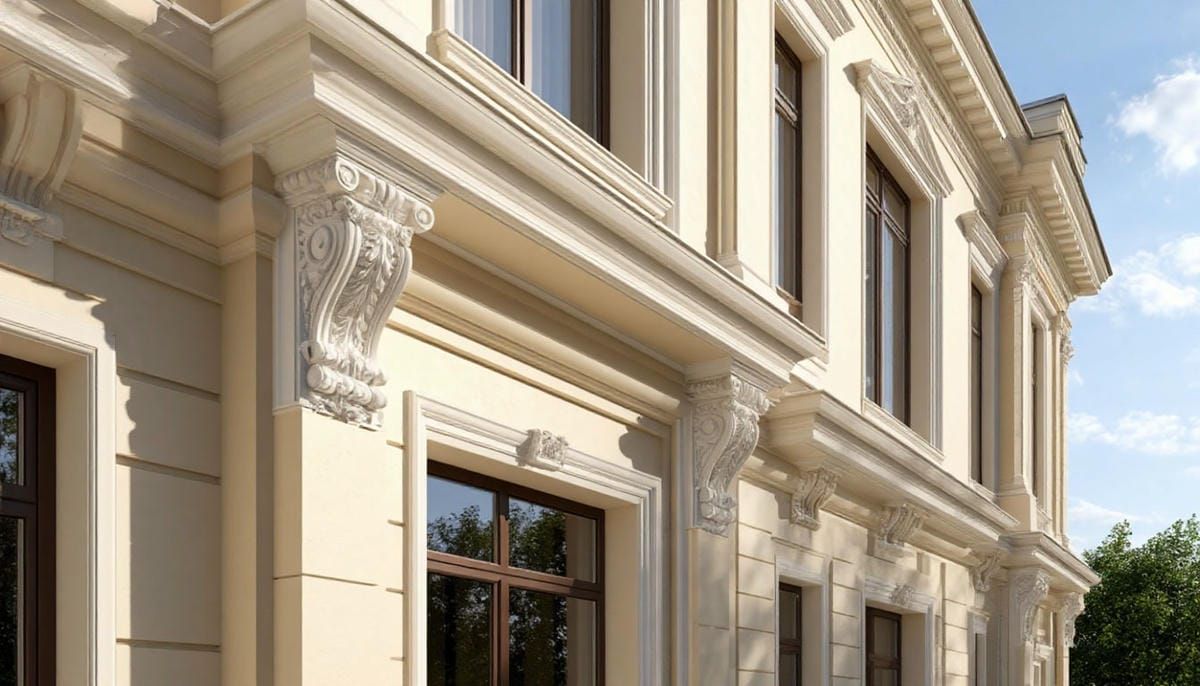 Гармоничный дизайн фасада: сочетание пастельных тонов стен с белым полиуретановым декором.