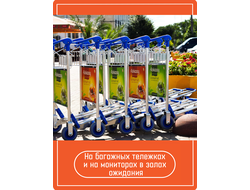 На багажных тележках и на мониторах в залах ожидания;