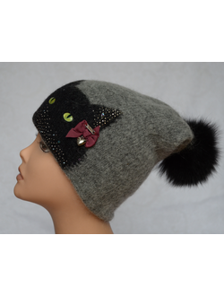 Модная итальянская шапка с кошкой и помпоном Vizio 6718 серая фото