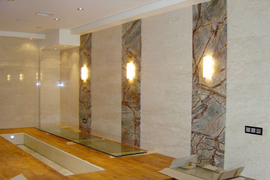 Мрамор Bidasar Brown. Цена материала 100 €/м2. Монтаж 5500 руб/м2.