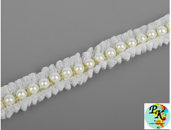 Рюш кружевной, с бусинами, 18 мм*1 м, цвет белый