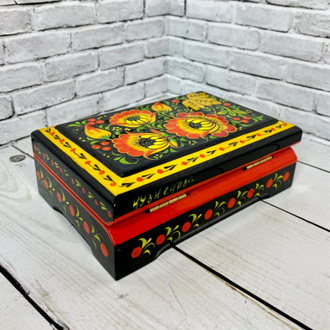 Шкатулка для хранения украшений Цветы черная 120*80 мм с росписью Хохлома