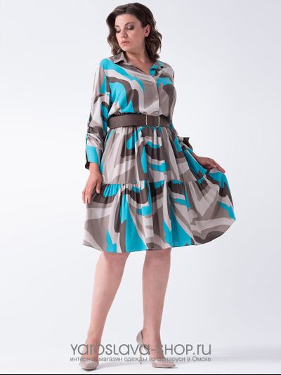 Женское платье с воланами в коричневых и голубых тонах