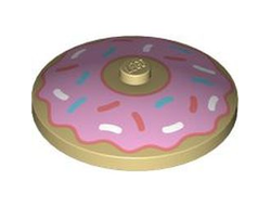 Dish 4 x 4 Inverted Radar with Solid Stud with Donut / Doughnut with Bright Pink Frosting and Coral, Dark Azure, and White Sprinkles Pattern, Tan (3960pb073 / 6416545)