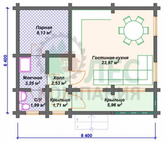 Баня 6,4x8,4 из профилированного бруса с большим крыльцом