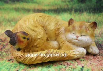 КОШКА спящая с птичкой 13*29см   0,8кг   полистоун Россия 1098/012481*