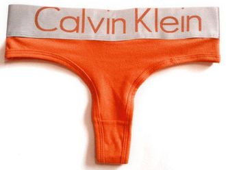 Женские стринги Calvin Klein оранжевые с серебряной резинкой Steel