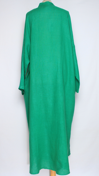 ПЛАТЬЕ БОХО ЛЬНЯНОЕ "СТОЙКА ЗАЩИП ПУГОВИЦЫ"  бежевое, хаки, черное, салатное, яблоко, апельсин, желтое  до р.54