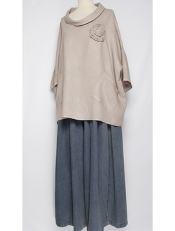 БЛУЗА ЛЁН КИМОНО "РОЗА ХОМУТ" бежевая, хаки, голубая, джинс  до р.56