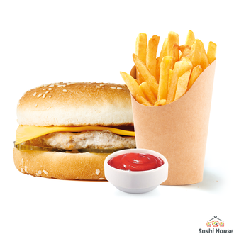 Чикенбургер + картофель фри + томатный соус